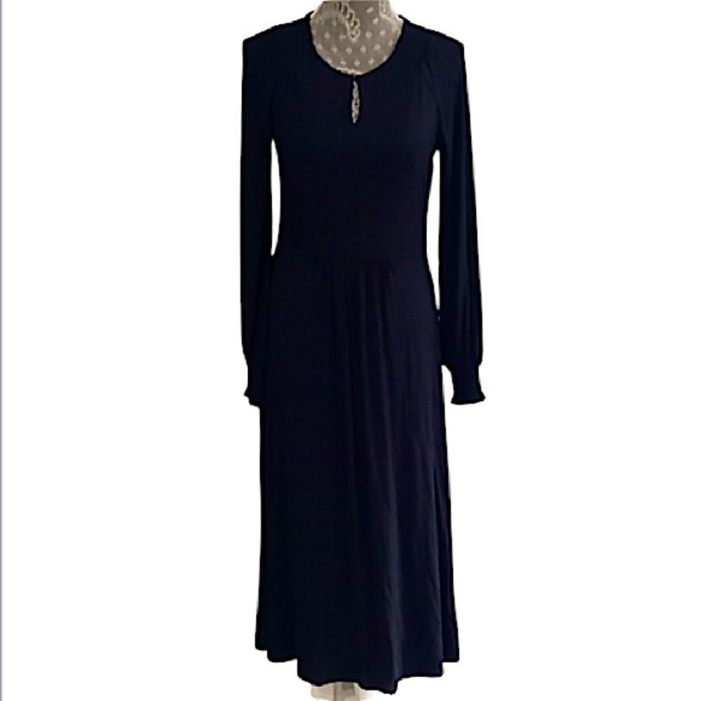 Boden navy blue key whole scoop neck stretch jersey knit long sleeve midi dress